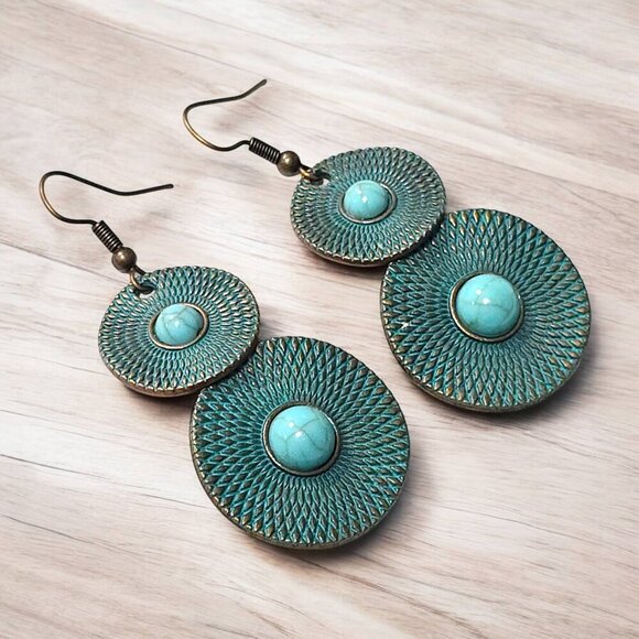 Boho Tribal Style Patina Turquoise Dangle Earrings Gypsy Style Mixed Metal - Picture 7 of 9